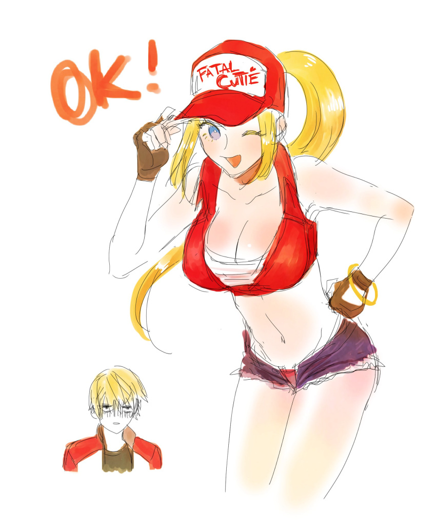 1boy 1girl bent_over breasts cleavage crop_top denim denim_shorts genderswap genderswap_(mtf) hand_on_hip hat_tip highres long_hair looking_at_viewer ponytail rock_howard short_shorts shorts simple_background smile snk_heroines:_tag_team_frenzy terry_bogard the_king_of_fighters white_background
