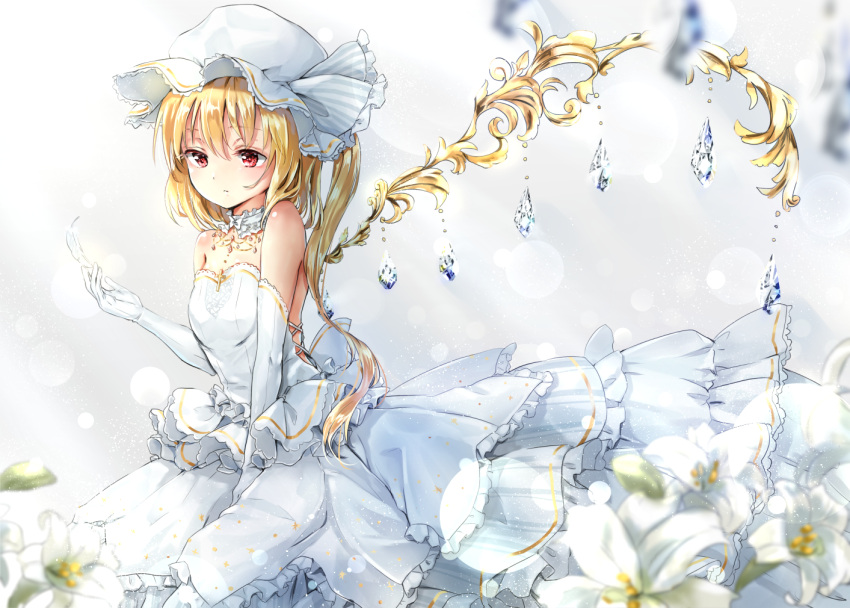 1girl alternate_wing_color alternate_wings bare_shoulders blonde_hair blush choker closed_mouth commentary_request cross dress elbow_gloves eyebrows_visible_through_hair feathers flandre_scarlet flower gloves hat long_hair red_eyes shironeko_yuuki side_ponytail solo touhou white_choker white_dress white_gloves white_hat wings