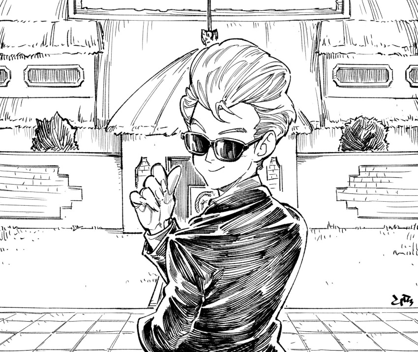 1boy announcer_(dragon_ball) black black_shirt building dragon_ball dragon_ball_(classic) dragonball_z fingernails formal highres jacket looking_at_viewer looking_back male_focus monochrome outdoors shirt short_hair simple_background smile suit sunglasses upper_body white white_background