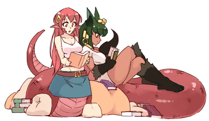 2girls animal_ears anubis_(monster_girl_encyclopedia) belt black_hair book crossover full_body green_eyes green_hair jewelry lamia legs_crossed long_hair midriff miia_(monster_musume) monster_girl monster_girl_encyclopedia monster_musume_no_iru_nichijou multiple_girls open_mouth paws pillow pointy_ears profile reading redhead rtil scales simple_background sitting sitting_on_person skirt snake_tail tail tank_top white_background white_tank_top yellow_eyes