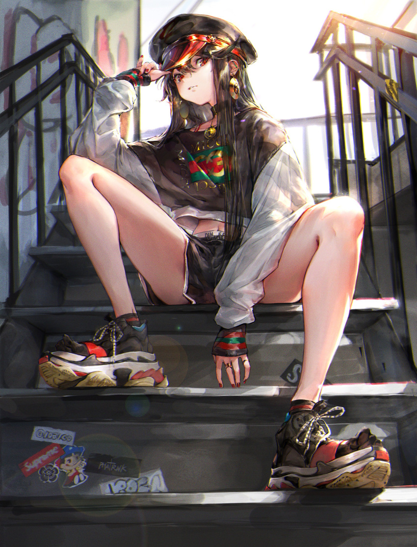 1girl absurdres black_hair earrings fate/grand_order fate_(series) graffiti hat highres jewelry oda_nobunaga_(fate) red_eyes shogo_(shogo) stairs