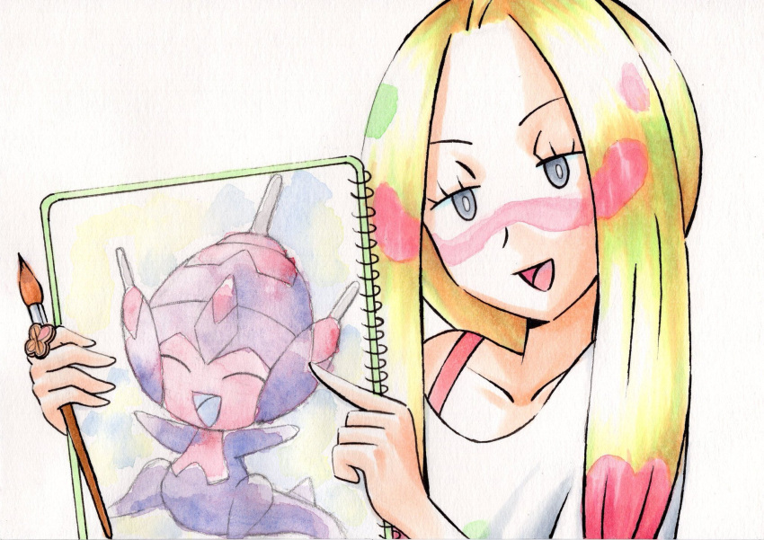 1girl blonde_hair highres matsurika_(pokemon) oka_mochi paint_in_hair paint_on_face paint_splatter paintbrush painting_(object) poipole pokemon pokemon_(anime) pokemon_sm_(anime)