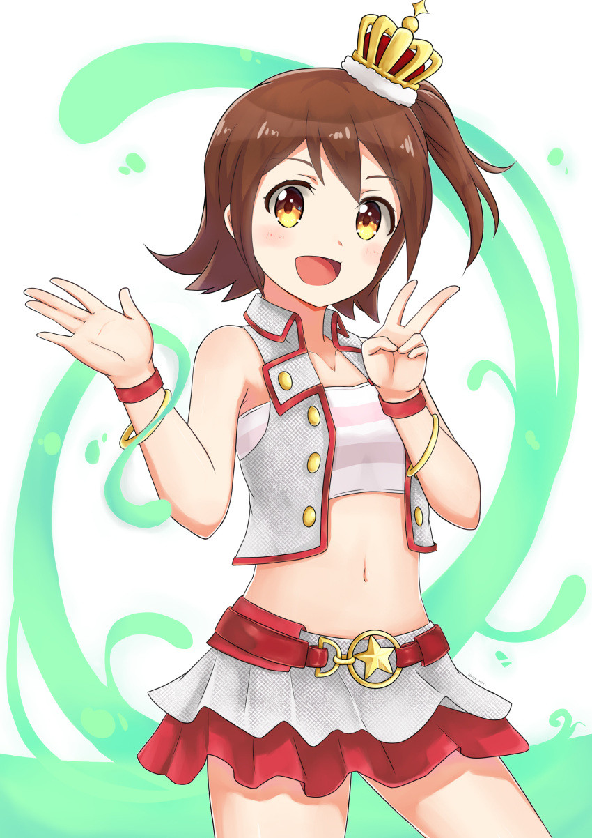 1girl :d absurdres bandeau bangs bare_shoulders blush brown_eyes brown_hair collared_vest commentary_request crown eyebrows_visible_through_hair feiyyx grey_skirt grey_vest hands_up highres idolmaster idolmaster_million_live! kasuga_mirai looking_at_viewer midriff mini_crown multicolored multicolored_clothes multicolored_skirt navel one_side_up open_mouth red_skirt skirt smile solo star striped striped_bandeau v vest