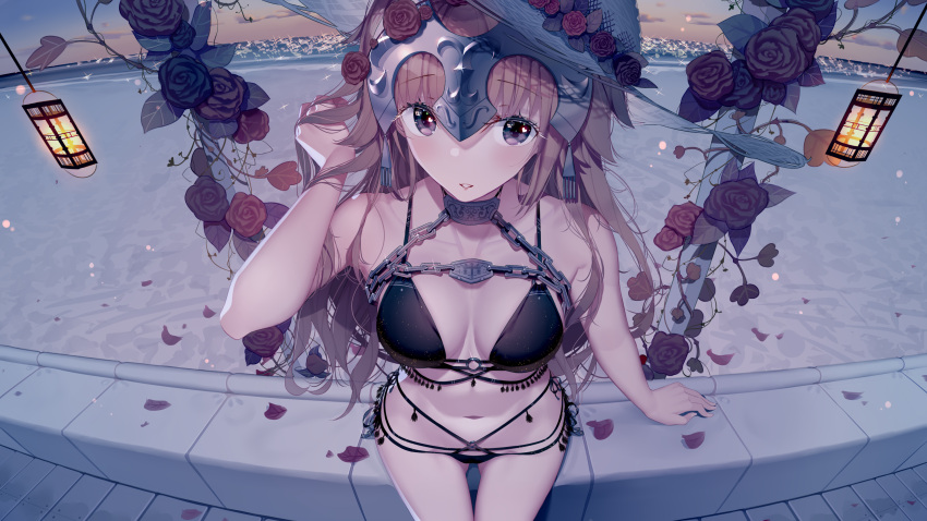 1girl absurdres arm_support ass_visible_through_thighs atha_(leejuiping) bare_arms bare_shoulders bikini black_bikini blush breasts chains clouds collarbone commentary_request fate/apocrypha fate/grand_order fate_(series) flower hair_flower hair_ornament hat hat_flower headpiece highres jeanne_d'arc_(fate) jeanne_d'arc_(fate)_(all) lantern large_breasts long_hair looking_at_viewer o-ring o-ring_bikini o-ring_bottom o-ring_top outdoors parted_lips petals red_flower red_rose rose rose_petals sitting sky smile solo straw_hat sunset swimsuit very_long_hair violet_eyes white_hat