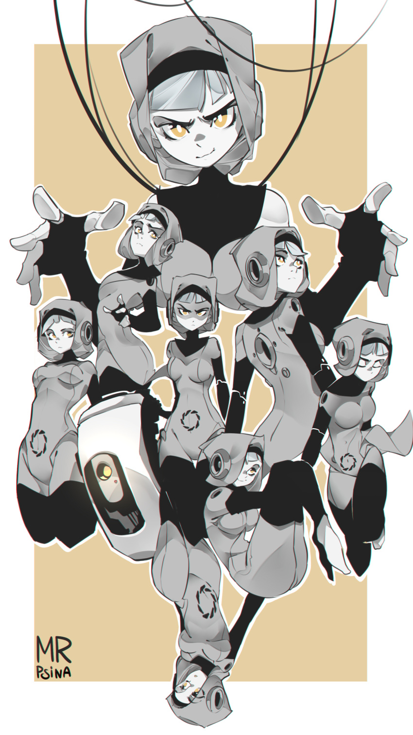 1girl absurdres bodysuit breasts closed_mouth glados highres hood humanization looking_at_viewer mr.psina portal simple_background smile yellow_eyes