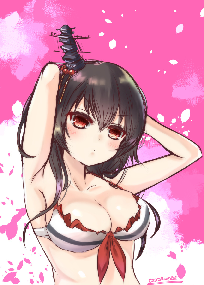 1girl :&lt; arms_behind_head bikini black_hair blush breasts cleavage hair_ornament head_tilt highres kantai_collection looking_at_viewer medium_breasts momiji_(103) red_eyes short_hair signature solo swimsuit upper_body yamashiro_(kantai_collection)