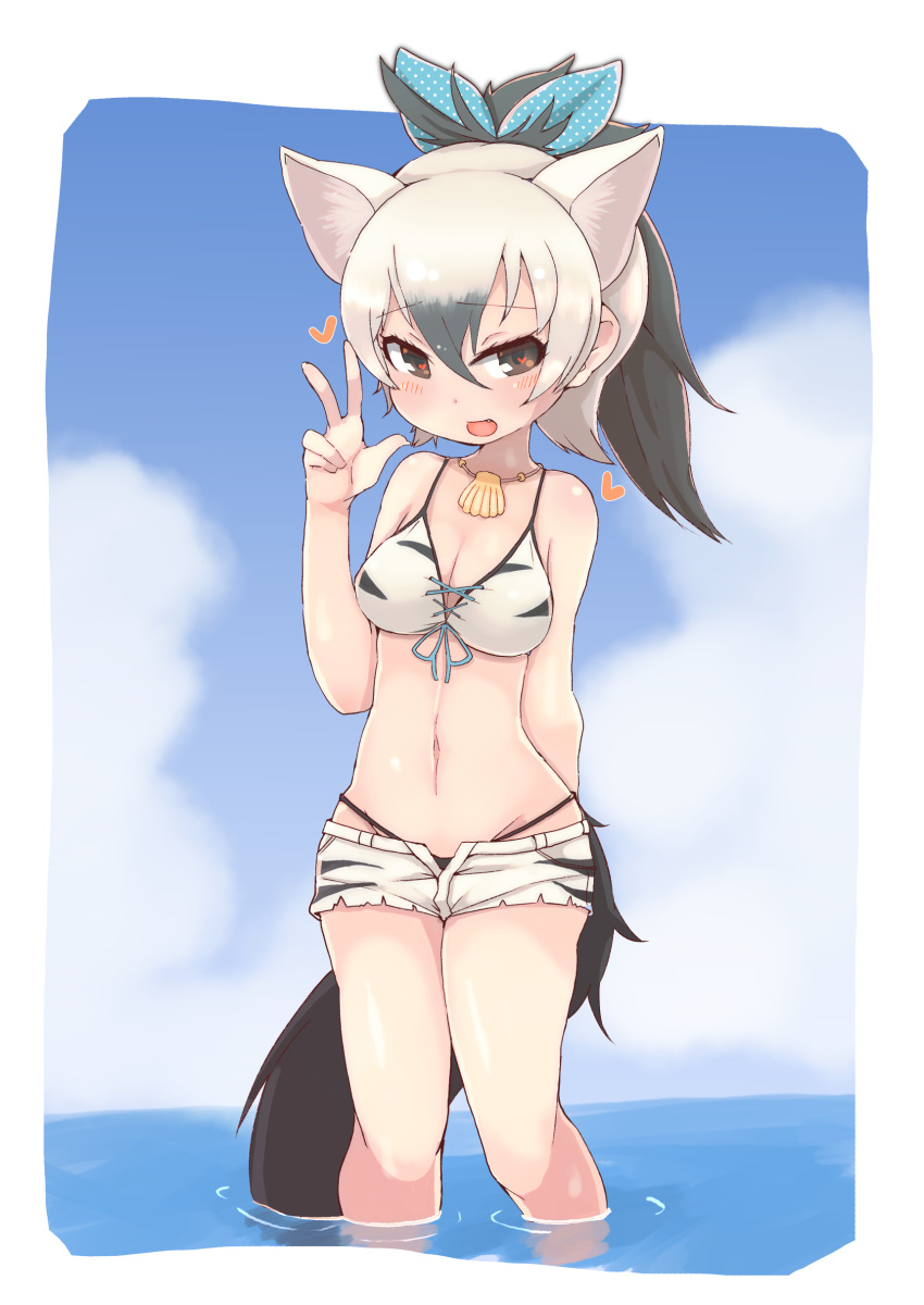 1girl :d aardwolf_(kemono_friends) aardwolf_ears aardwolf_tail absurdres bare_shoulders bikini black_eyes black_hair blue_sky breasts clouds day extra_ears fang groin hair_between_eyes hair_ribbon hand_up heart heart-shaped_pupils highres kemono_friends looking_at_viewer medium_breasts multicolored_hair navel open_mouth outdoors ponytail ribbon seashell_necklace short_hair short_shorts shorts sky smile solo stomach swimsuit symbol-shaped_pupils teranekosu two-tone_hair w wading water white_hair