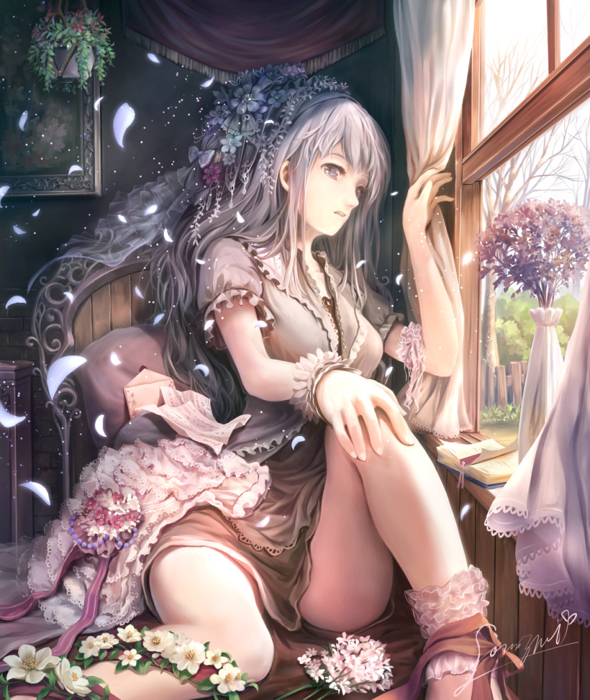 1girl bare_legs blue_eyes book breasts chair curtains flower green_hair hair_ornament highres indoors long_hair looking_away medium_breasts original painting_(object) petals revision scenery short_hair signature sitting solo soraizumi vase window