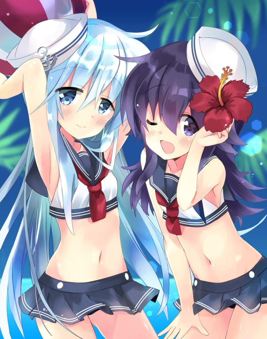 2girls akatsuki_(kantai_collection) anchor arm_up arms_up ball bangs bare_arms bare_shoulders beachball blue_eyes blue_hair blue_sailor_collar blue_skirt blue_sky blurry blurry_background breasts commentary_request crop_top day depth_of_field eyebrows_visible_through_hair flower hair_between_eyes hair_flower hair_ornament hand_on_leg hat head_tilt hibiki_(kantai_collection) highres hizuki_yayoi holding holding_ball horizon kantai_collection long_hair multiple_girls navel ocean outdoors palm_tree pleated_skirt purple_hair red_flower red_neckwear sailor_collar sailor_hat school_uniform serafuku shirt skirt sky sleeveless sleeveless_shirt small_breasts transparent tree very_long_hair violet_eyes water white_hat white_shirt