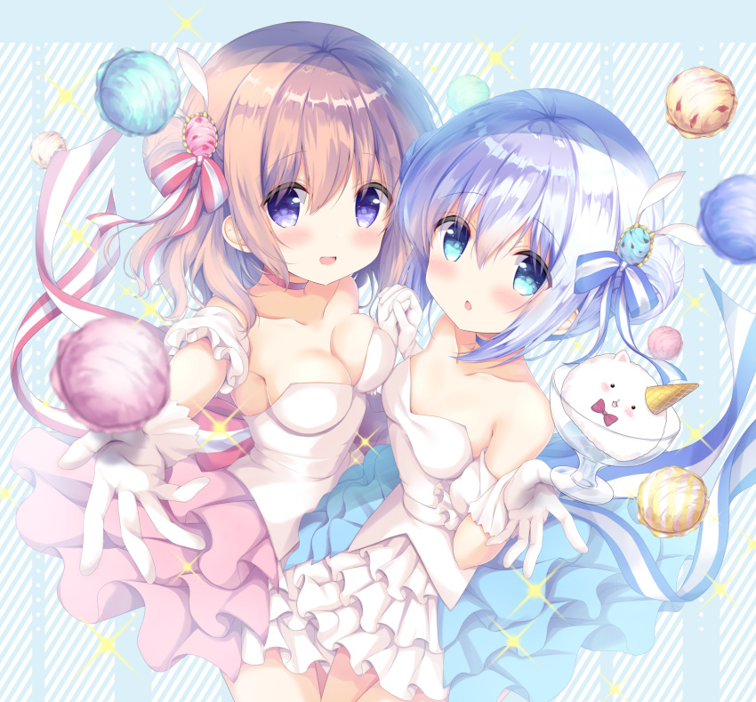 2girls :d :o amedamacon angora_rabbit animal blue_bow blue_choker blue_eyes blue_hair blush bow breasts brown_hair choker cleavage collarbone commentary_request detached_sleeves diagonal_stripes double_bun dress elbow_gloves food gloves gochuumon_wa_usagi_desu_ka? hair_bow hair_up hand_holding highres hoto_cocoa ice_cream ice_cream_cone interlocked_fingers kafuu_chino long_hair medium_breasts multiple_girls open_mouth parted_lips puffy_short_sleeves puffy_sleeves rabbit red_bow red_choker short_sleeves side_bun small_breasts smile sparkle strapless strapless_dress striped striped_bow tippy_(gochiusa) violet_eyes white_dress white_gloves