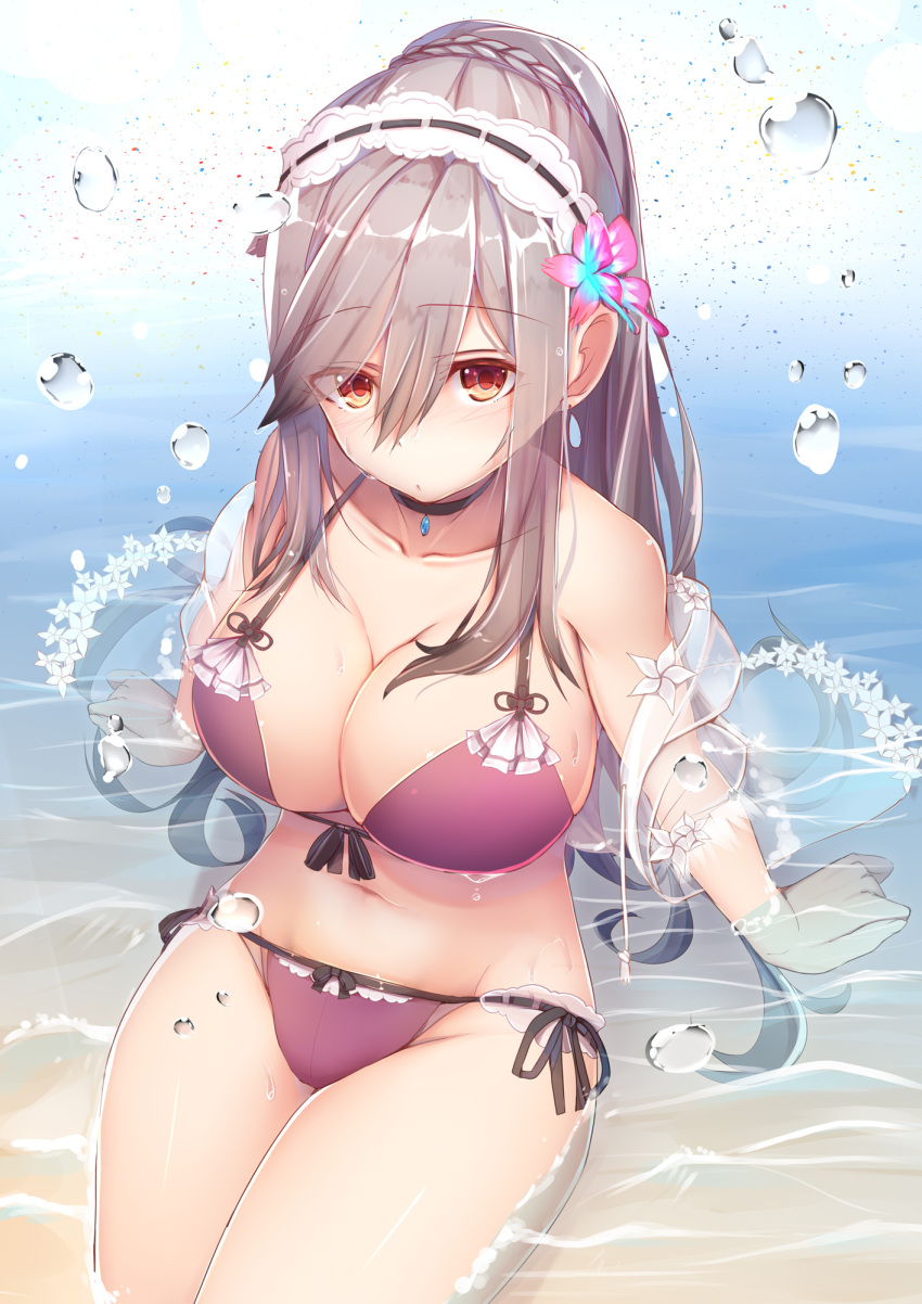 1girl anchor_symbol azur_lane bare_shoulders bikini breasts cleavage commentary_request dunkerque_(azur_lane) from_above grey_hair hair_between_eyes hair_ornament halter_top halterneck highres large_breasts long_hair looking_at_viewer midriff navel pink_eyes ponytail purple_bikini sand sidelocks sitting solo swimsuit tatapopo thighs water