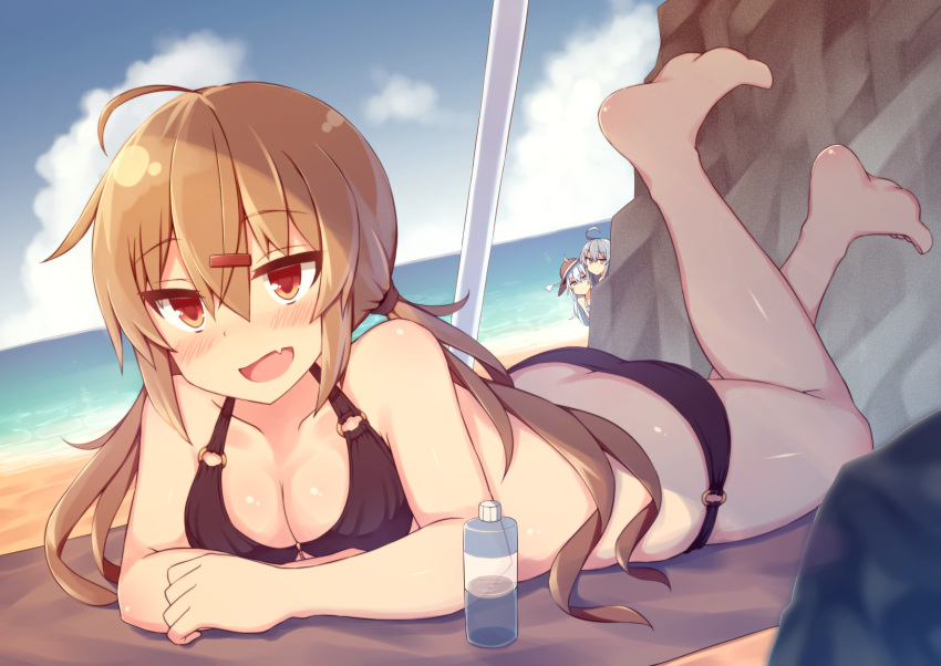 3girls ass beach bikini black_bikini blue_eyes blue_sky blush breasts brown_eyes brown_hair cleavage clouds collarbone day fang gangut_(kantai_collection) grey_hair hair_between_eyes hat hibiki_(kantai_collection) highres kantai_collection long_hair looking_at_viewer low_twintails lying medium_breasts multiple_girls ocean oil on_stomach open_mouth outdoors parasol rock sand shinopoko silver_hair sky smile sun sun_hat swimsuit tashkent_(kantai_collection) towel twintails umbrella verniy_(kantai_collection)