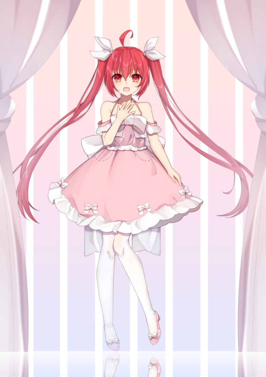 1girl :d absurdres bare_shoulders commentary_request date_a_live dress full_body hair_between_eyes hair_ribbon hand_on_own_chest highres itsuka_kotori knees_together_feet_apart long_hair mo_(pixiv9929995) open_mouth pink_dress pink_footwear pumps red_eyes redhead reflection ribbon smile solo spaghetti_strap striped striped_background thigh-highs twintails vertical-striped_background vertical_stripes very_long_hair white_legwear white_ribbon