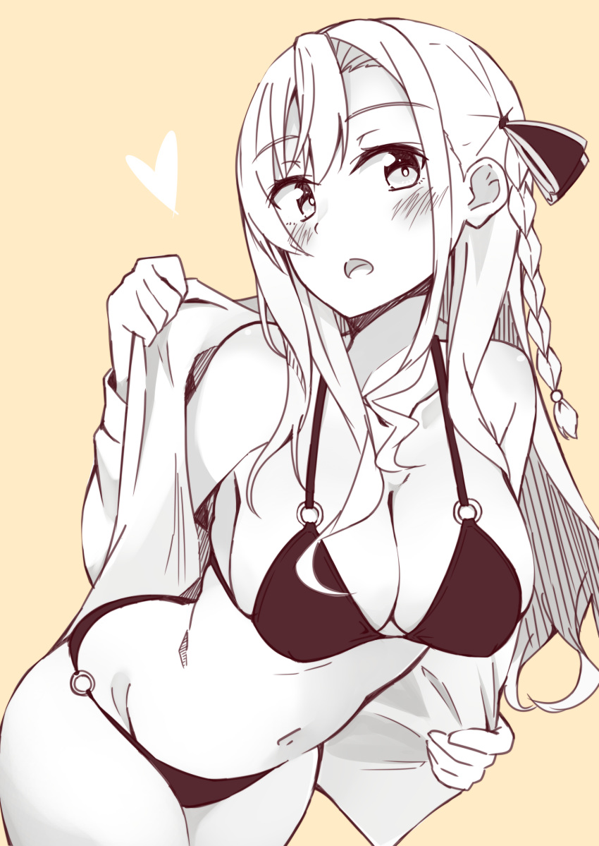 1girl absurdres bangs bare_shoulders bikini bikini_under_clothes blush bow braid breasts cleavage eyebrows_visible_through_hair groin hair_between_eyes hair_bow heart high_school_fleet highres jacket kapatarou large_breasts leaning_forward long_hair long_sleeves monochrome navel o-ring o-ring_bikini o-ring_top open_clothes open_jacket open_mouth side_braid solo swimsuit thighs very_long_hair wilhelmina_braunschweig_ingenohl_friedeburg