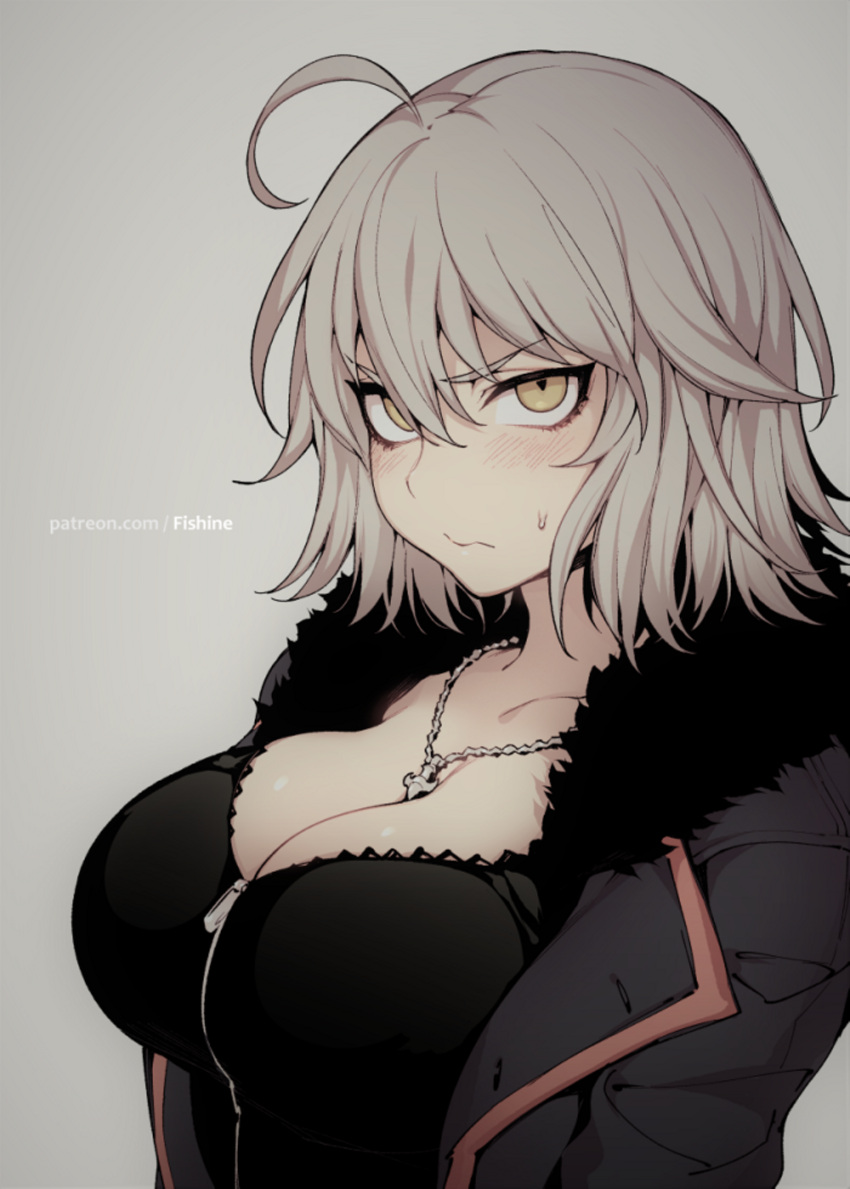 1girl ahoge bangs black_shirt blush breasts cleavage commentary_request fate/grand_order fate_(series) fishine fur_trim grey_background grey_hair grey_jacket hair_between_eyes highres jacket jeanne_d'arc_(alter)_(fate) jeanne_d'arc_(fate)_(all) jewelry large_breasts looking_at_viewer necklace open_clothes open_jacket patreon_username rating shirt short_hair solo upper_body yellow_eyes