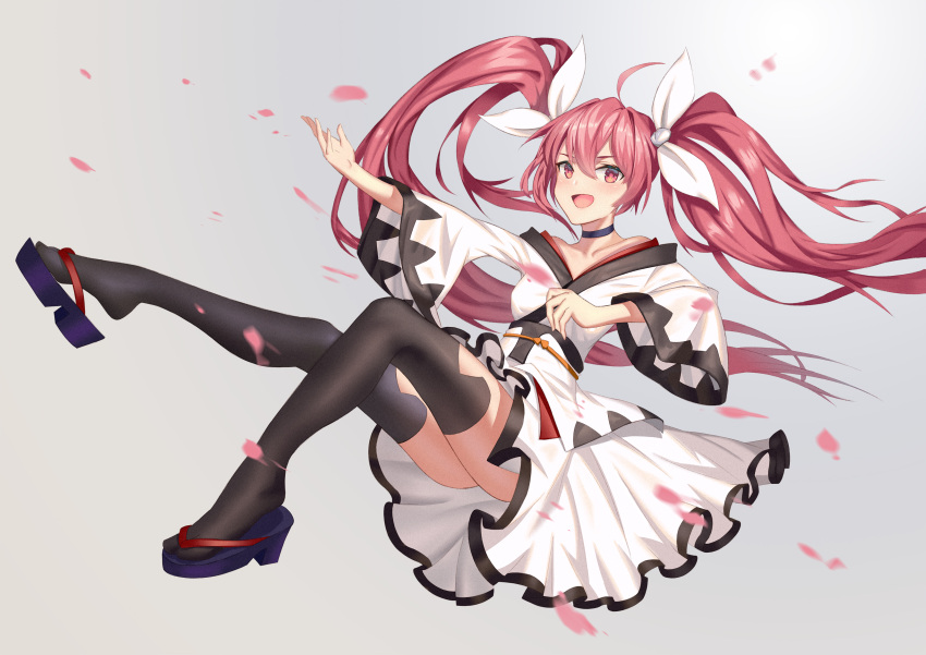 1girl :d absurdres ass black_choker black_legwear blush choker commentary_request date_a_live full_body hair_between_eyes hair_ribbon hand_up highres itsuka_kotori japanese_clothes kimono knees_up leg_up llk_(740486133) long_hair looking_at_viewer open_mouth outstretched_arm petals red_eyes redhead ribbon sandals simple_background smile solo thigh-highs twintails very_long_hair white_kimono white_ribbon wide_sleeves