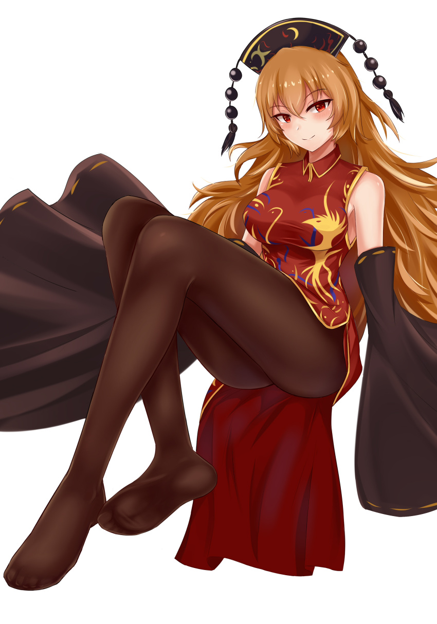 1girl absurdres adapted_costume ass bare_shoulders blonde_hair blush breasts brown_legwear china_dress chinese_clothes commentary_request detached_sleeves dress eyebrows_visible_through_hair full_body hair_between_eyes headdress highres invisible_chair junko_(touhou) knees_up large_breasts long_hair long_sleeves looking_at_viewer no_shoes pantyhose red_dress red_eyes ribbon-trimmed_sleeves ribbon_trim short_dress simple_background sitting sleeves_past_fingers sleeves_past_wrists smile solo tassel thighs touhou very_long_hair white_background wide_sleeves wing_collar wuwusan