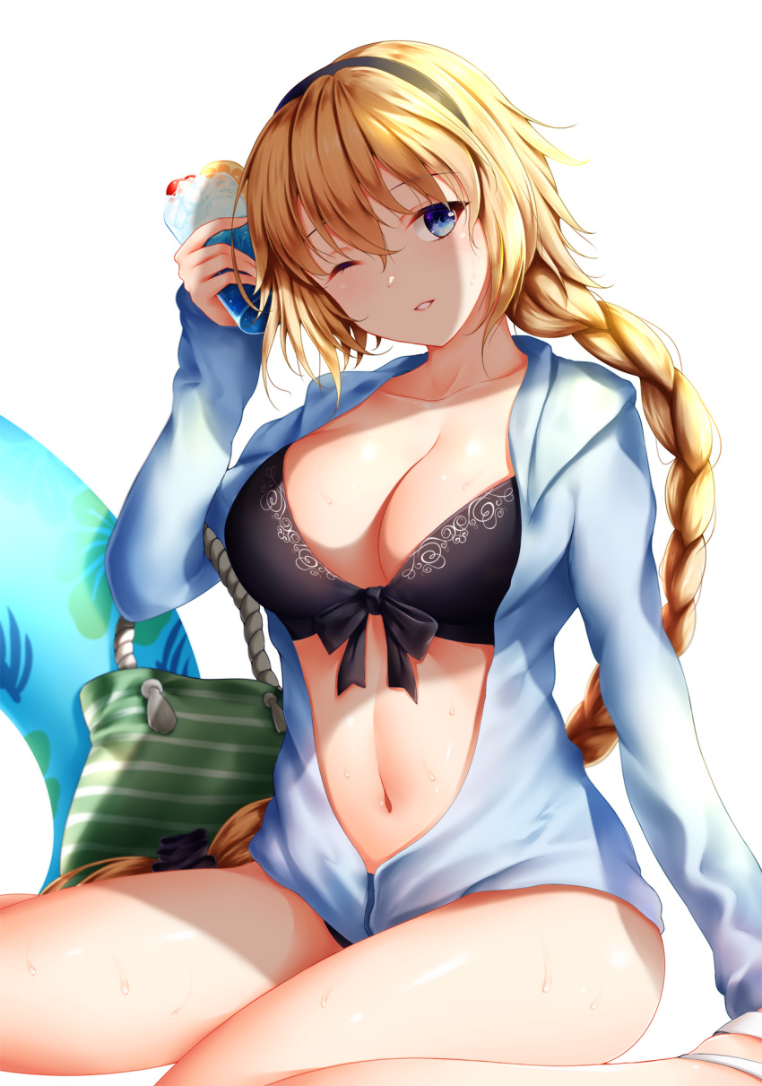 1girl bag bangs bikini black_bikini black_bow blonde_hair blue_eyes blue_jacket blush bow braid breasts cleavage collarbone cup drink fate/apocrypha fate/grand_order fate_(series) food fruit hair_between_eyes hair_bow headband highres hips hood hoodie ice ice_cube innertube jacket jeanne_d'arc_(fate) jeanne_d'arc_(fate)_(all) large_breasts long_braid long_hair looking_at_viewer navel one_eye_closed open_clothes open_jacket orange orange_slice shoulder_bag simple_background sitting smile solo swimsuit thighs very_long_hair wariza white_background wsman