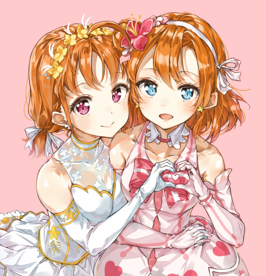 2girls :d ahoge alternate_hairstyle arm_around_waist bangs blue_eyes bokutachi_wa_hitotsu_no_hikari collarbone copyright_name detached_collar dress earrings elbow_gloves eyebrows_visible_through_hair flower gloves hair_flower hair_ornament hair_ribbon hand_holding heart heart_hands heart_print highres jewelry kousaka_honoka looking_at_viewer love_live! love_live!_school_idol_project love_live!_sunshine!! multiple_girls open_mouth pink_background pink_dress pink_flower pink_gloves ribbon short_hair side_bun sidelocks simple_background smile takami_chika takenoko_no_you textless thank_you_friends!! twintails violet_eyes white_dress white_gloves white_ribbon yellow_flower