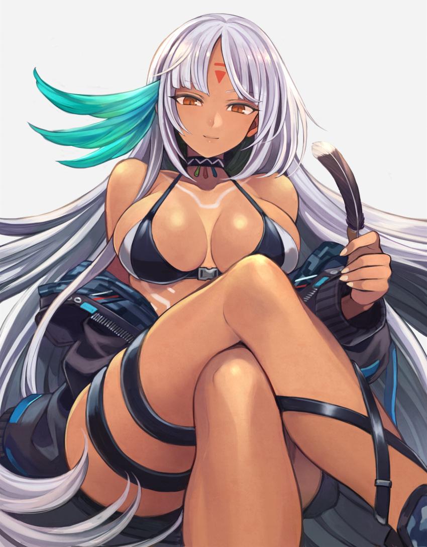 1girl azur_lane baggy_clothes bangs bare_shoulders bikini_top black_jacket breasts brown_eyes choker cleavage closed_mouth collarbone commentary eyebrows_visible_through_hair grey_background highres holding_feather jacket large_breasts legs_crossed light_smile long_hair long_sleeves looking_at_viewer massachusetts_(azur_lane) multicolored_hair native_american navel off_shoulder open_clothes open_jacket sidelocks silver_hair simple_background sitting skindentation solo swimsuit swimsuit_under_clothes tan thigh_strap unzipped yuko_(uc_yuk) zipper