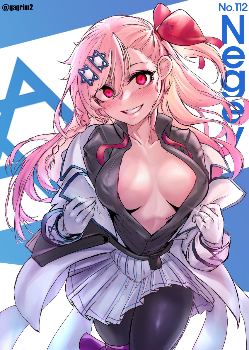 1girl absurdres bangs blush bow braid breasts character_name clothes_tug collarbone eyebrows_visible_through_hair gagrim girls_frontline gloves grey_shirt hair_between_eyes hair_bow hair_ornament hair_ribbon hairclip hexagram highres israeli_flag jewelry large_breasts long_hair long_sleeves looking_at_viewer negev_(girls_frontline) no_bra one_side_up parted_lips pink_hair pleated_skirt red_bow red_eyes ribbon ring seductive_smile shirt sidelocks skirt smile solo star_of_david thigh_ribbon twitter_username wedding_ring white_gloves
