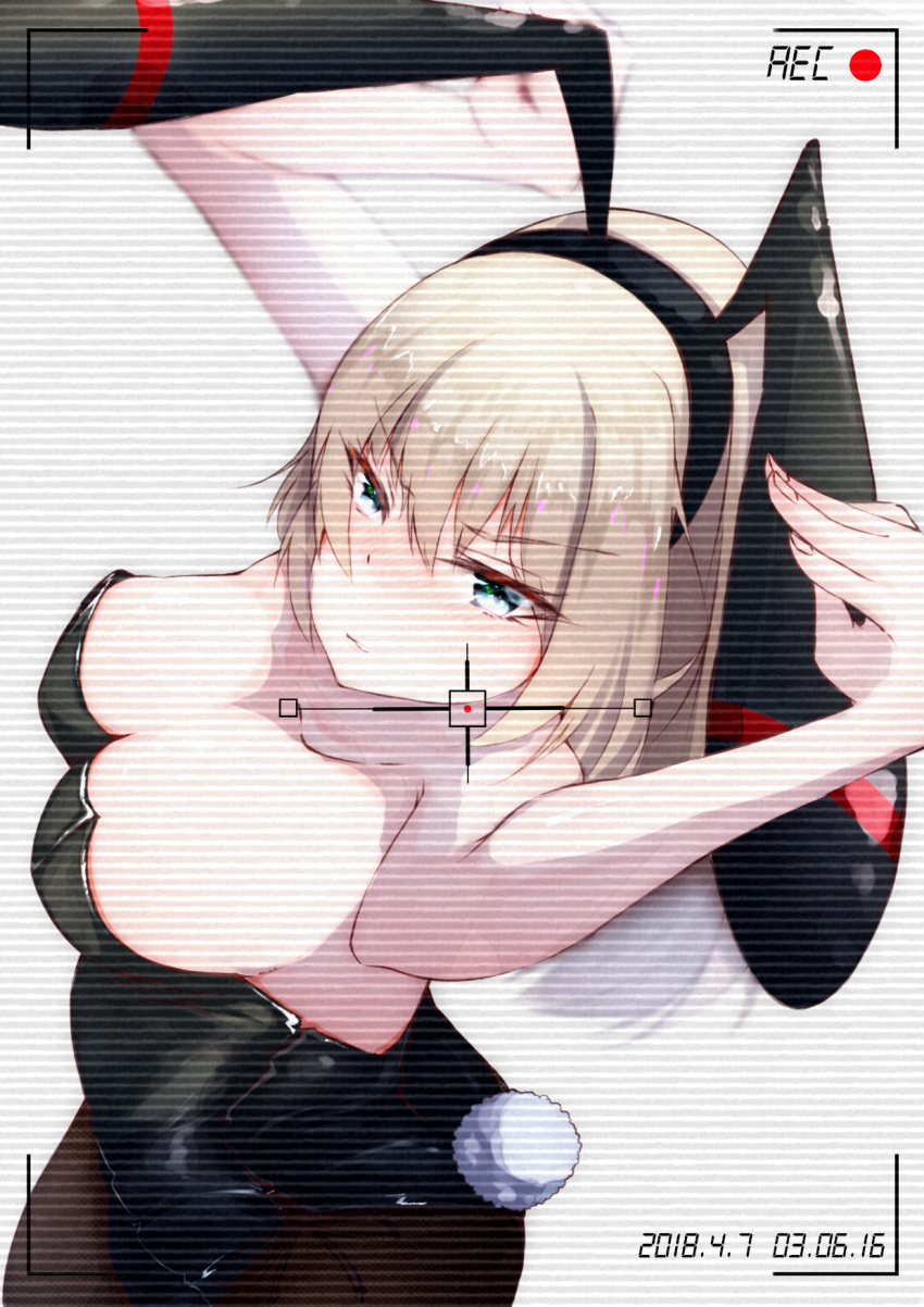 1girl animal_ears arms_up bangs black_leotard blush breasts bunny_pose bunny_tail bunnysuit camcorder cleavage closed_mouth commentary_request eyebrows_visible_through_hair fake_animal_ears fake_tail from_side frown girls_und_panzer highres itsumi_erika leotard long_hair looking_at_viewer medium_breasts murata_ryou rabbit_ears recording solo standing strapless strapless_leotard tail timestamp upper_body v-shaped_eyebrows viewfinder