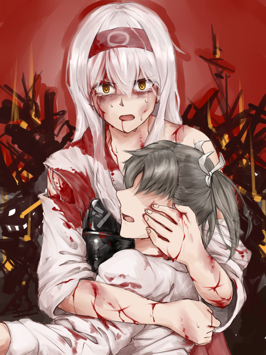 2girls blood blood_from_mouth blood_on_face bloody_clothes cradling_head cuts damaged fire highres injury kantai_collection multiple_girls shaded_face shoukaku_(kantai_collection) silver_hair tadd_(tatd) tears torn_clothes yellow_eyes zuikaku_(kantai_collection)
