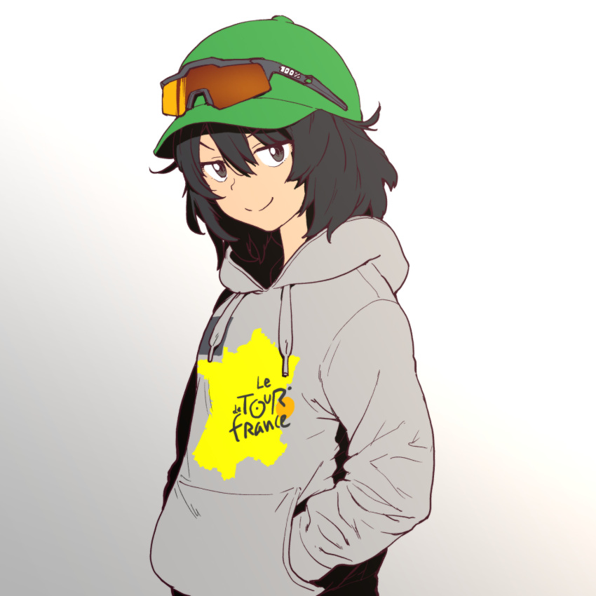 1girl andou_(girls_und_panzer) bangs black_hair brown_eyes casual closed_mouth commentary_request dark_skin drawstring eyewear_on_head girls_und_panzer gradient gradient_background green_hat grey_background grey_shirt hands_in_pockets hat highres hood hoodie long_sleeves looking_at_viewer medium_hair messy_hair onsen_tamago_(hs_egg) print_shirt shirt smile solo standing sunglasses tour_de_france upper_body v-shaped_eyebrows