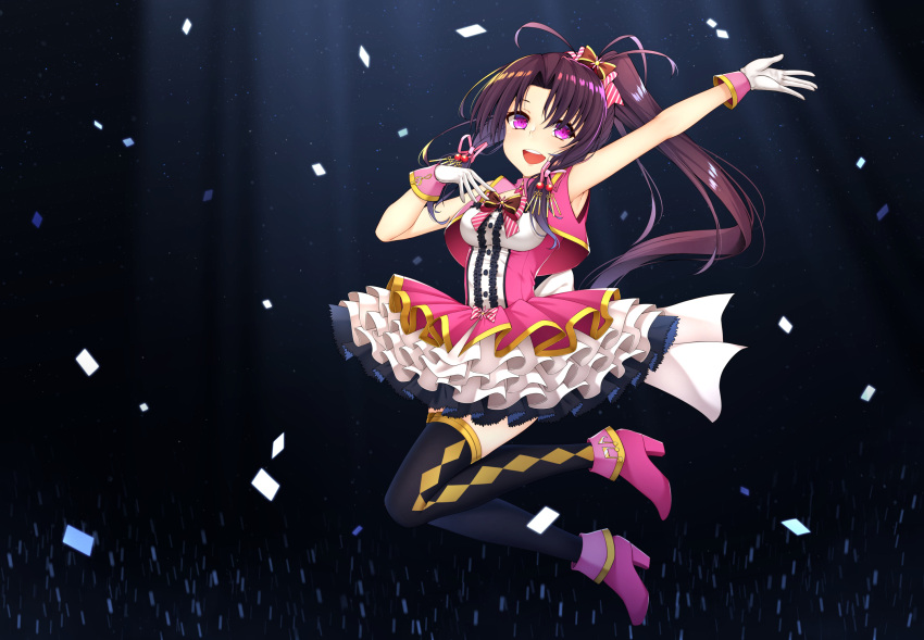 1girl :d ahoge argyle argyle_legwear arm_up armpits boots brown_hair commentary commission confetti dress full_body gloves glowstick hair_ribbon hand_on_own_chest haruka_(sister_princess) healther high_heels highres layered_skirt looking_at_viewer open_mouth ponytail ribbon sister_princess smile solo thigh-highs upper_teeth violet_eyes