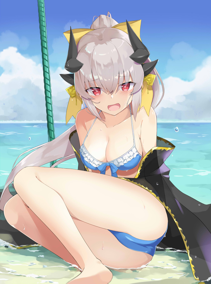 100 1girl absurdres ass beach bikini blue_bikini bow breasts cleavage commentary_request day detached_collar dragon_girl dragon_horns eyebrows_visible_through_hair eyes_visible_through_hair fate/grand_order fate_(series) frilled_bikini frills hair_bow highres horns kiyohime_(fate/grand_order) kiyohime_(swimsuit_lancer)_(fate) midriff ocean open_mouth outdoors red_eyes ribbon see-through sitting swimsuit thighs yellow_bikini yellow_ribbon