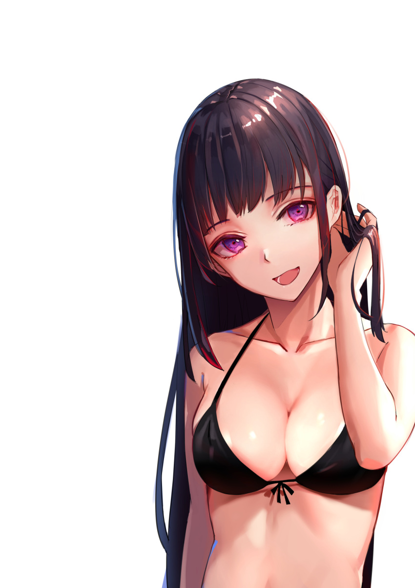 1girl bikini_top black_bikini_top black_hair breasts cleavage collarbone highres long_hair looking_at_viewer medium_breasts nekojira open_mouth original revision simple_background smile solo upper_body violet_eyes white_background