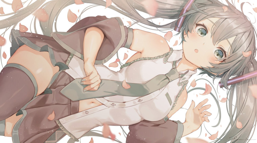 1girl :o bangs bare_shoulders black_legwear black_skirt blurry blush breast_pocket breasts buttons cherry_blossoms collared_shirt depth_of_field detached_sleeves eyebrows_visible_through_hair green_eyes green_hair green_nails green_neckwear hair_between_eyes hair_ornament hand_up hatsune_miku head_tilt long_hair long_sleeves looking_at_viewer medium_skirt nail_polish navel necktie partially_unbuttoned petals pleated_skirt pocket ryota_(ry_o_ta) shiny shiny_hair shiny_skin shirt simple_background skirt sleeveless sleeveless_shirt small_breasts solo thigh-highs twintails vocaloid white_background white_shirt wing_collar