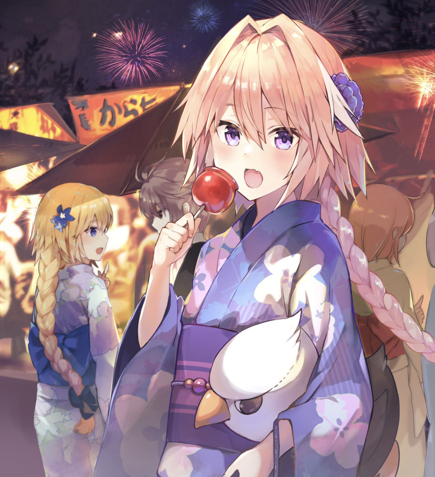 2boys 3girls astolfo_(fate) bangs black_bow black_eyes blonde_hair blue_eyes blue_flower blue_kimono blush bow braid brown_hair candy_apple commentary_request eyebrows_visible_through_hair fang fate/apocrypha fate_(series) festival fireworks floating_hair floral_print flower food hair_between_eyes hair_bow hair_flower hair_intakes hair_ornament highres holding holding_food holding_stuffed_animal index_finger_raised japanese_clothes jeanne_d'arc_(fate) jeanne_d'arc_(fate)_(all) kimono kusumoto_touka long_hair long_sleeves looking_at_viewer multicolored_hair multiple_boys multiple_girls night night_sky obi open_mouth orange_hair outdoors pink_hair sash shiny shiny_hair sidelocks sieg_(fate/apocrypha) single_braid sky smile stand standing streaked_hair stuffed_animal stuffed_toy summer_festival trap tree violet_eyes wide_sleeves yukata