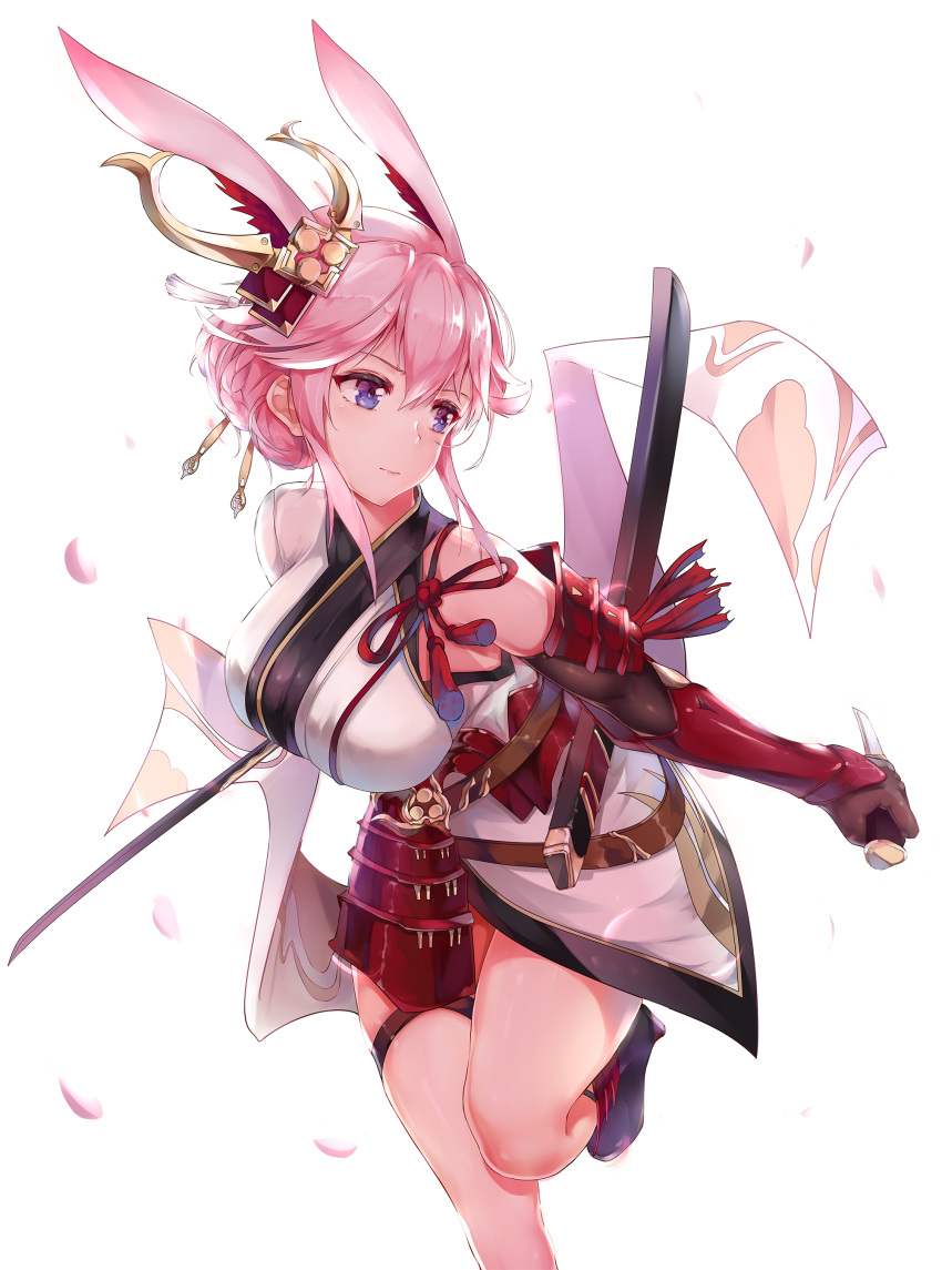 1girl absurdres animal_ears armor bangs benghuai_xueyuan breasts dual_wielding highres holding holding_sword holding_weapon honkai_impact japanese_clothes katana kimono large_breasts looking_at_viewer pink_hair rabbit_ears short_hair short_kimono simple_background solo sword violet_eyes weapon white_background yae_sakura_(benghuai_xueyuan) zombie-andy