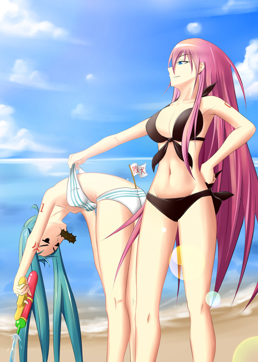 2girls anger_vein bent_over bikini black_bikini blue_eyes blue_hair blue_sky breasts cleavage collarbone day eyebrows_visible_through_hair floating_hair geduan groin gun hair_between_eyes hand_on_hip hatsune_miku highres holding holding_gun holding_weapon large_breasts lens_flare long_hair megurine_luka mouth_hold multiple_girls navel ocean outdoors pink_hair sky small_breasts smile striped striped_bikini swimsuit twintails very_long_hair vocaloid water_gun weapon white_bikini