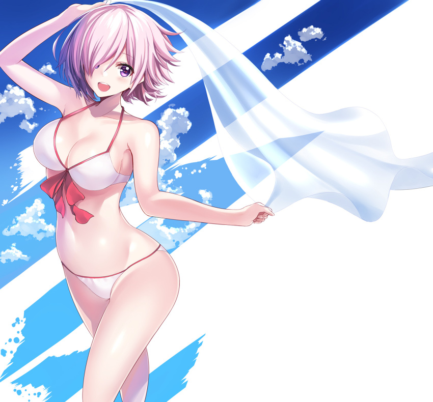 1girl adapted_costume bikini blue_sky clouds fate/grand_order fate_(series) hair_over_one_eye highres lavender_hair mash_kyrielight nagiha_kuten open_mouth purple_hair short_hair sky smile solo swimsuit swimsuit_of_perpetual_summer towel violet_eyes white_bikini white_towel
