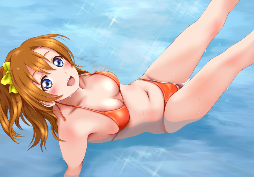 10s 1girl bangs bikini birthday blue_eyes blush breasts cleavage commentary_request cute hair_ribbon highres keisuke_(0320030103200301) kousaka_honoka large_breasts looking_at_viewer love_live! love_live!_school_idol_project navel orange_bikini orange_hair ribbon short_hair side_ponytail solo sparkle swimsuit water wet