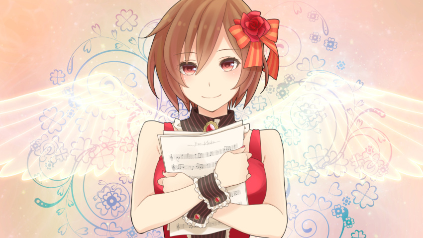 1girl angel_wings asami_(undoundo) blush brown_eyes brown_hair choker crossed_arms eyebrows_visible_through_hair floral_background flower hair_ribbon happy heart jewelry looking_at_viewer meiko nail_polish paper pink_background red_flower red_nails red_rose red_shirt ribbon rose sheet_music shirt short_hair simple_background sleeveless sleeveless_shirt smile solo_focus upper_body vocaloid wings