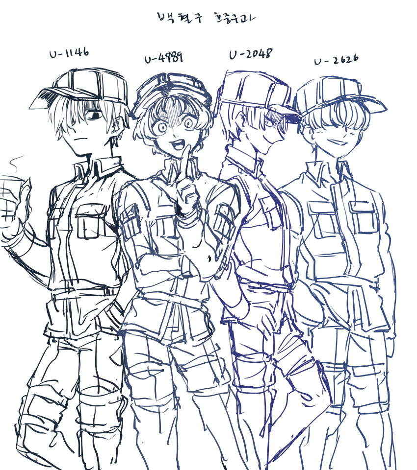 4boys black_eyes collared_shirt contrapossto cup disposable_cup hair_over_eyes hair_over_one_eye hand_on_hip hat hataraku_saibou highres index_finger_raised looking_at_viewer male_focus monochrome multiple_boys open_mouth shaded_face shirt sketch smile u-1146 u-2048 u-2626 u-4989 white_blood_cell_(hataraku_saibou)