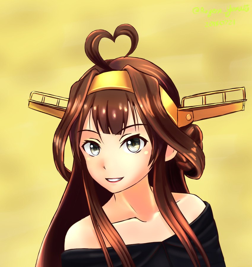 1girl absurdres ahoge bare_shoulders bayern_yamato black_dress brown_hair collarbone commentary_request double_bun dress grey_eyes hairband heart_ahoge highres kantai_collection kongou_(kantai_collection) long_hair looking_at_viewer remodel_(kantai_collection) solo strapless strapless_dress