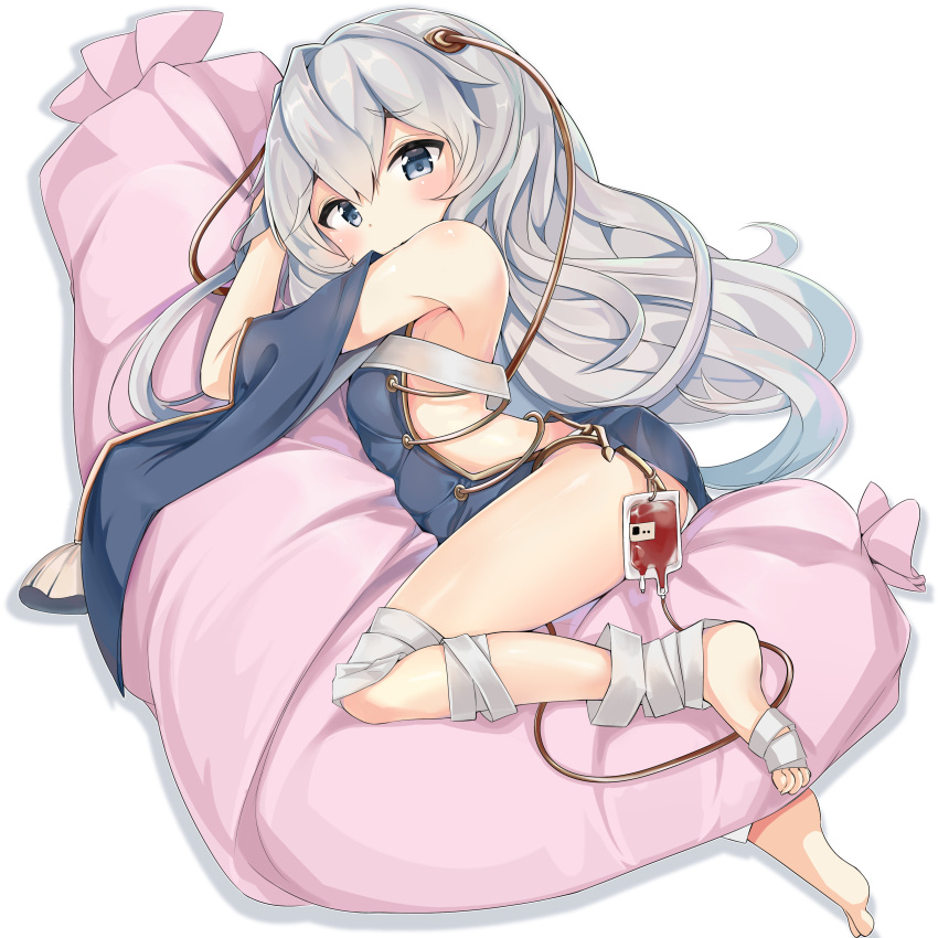 1girl absurdres bandage bandaged_leg bandages bangs bare_shoulders barefoot blood blood_bag blue_dress blue_eyes blush commentary_request covered_mouth detached_sleeves dress eyebrows_visible_through_hair girls_frontline hair_between_eyes highres long_hair looking_at_viewer ohshit pillow pillow_hug ribeyrolles_1918_(girls_frontline) short_sleeves silver_hair solo very_long_hair white_background wide_sleeves