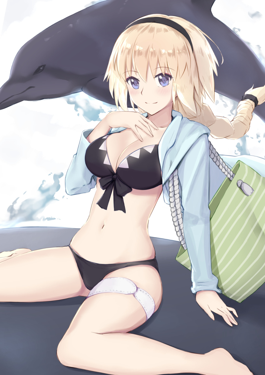 1girl animal bag bangs barefoot bikini black_bikini blonde_hair blue_eyes blue_jacket blush braid breasts cleavage closed_mouth collarbone commentary_request dolphin eyebrows_visible_through_hair fate/apocrypha fate/grand_order fate_(series) front-tie_bikini front-tie_top hair_between_eyes hand_up highres hood hood_down hooded_jacket jacket jeanne_d'arc_(fate) jeanne_d'arc_(fate)_(all) jilu long_hair long_sleeves medium_breasts navel open_clothes open_jacket single_braid sitting smile solo swimsuit very_long_hair wariza