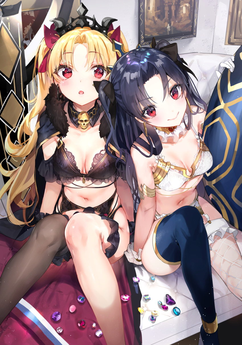 2girls 3: adapted_costume alternate_costume bangs black_bra black_hair black_legwear blonde_hair bra breasts cape commentary_request cover cover_page ereshkigal_(fate/grand_order) eyebrows_visible_through_hair fate/grand_order fate_(series) fishnet_legwear fishnets fur_trim garter_belt gloves highres hoyashi_rebirth ishtar_(fate/grand_order) lingerie looking_at_viewer mismatched_legwear multiple_girls navel navy_blue_legwear panties parted_bangs red_eyes single_thighhigh sitting small_breasts thigh-highs tiara tohsaka_rin two_side_up underwear white_bra white_gloves white_panties