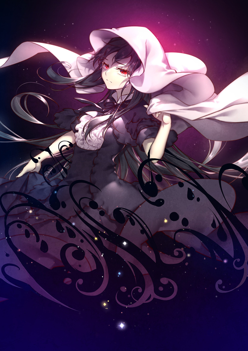 1girl akemi_homura black_dress black_hair blanket dark_background dress highres long_hair looking_at_viewer mahou_shoujo_madoka_magica mahou_shoujo_madoka_magica_movie neck_ribbon red_eyes ribbon sad solo