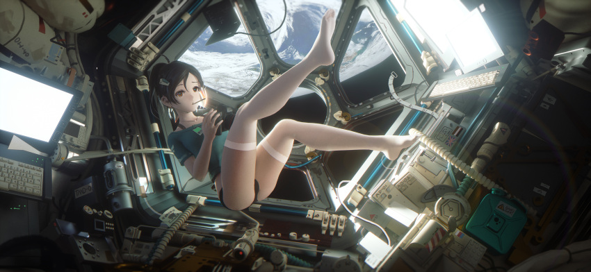 1girl black_hair brown_eyes buruma camera earth feet floating food hair_ornament hairclip highres ibara_dance jewelry keyboard_(computer) monitor mouth_hold necklace original pocky short_hair short_ponytail solo space space_station thigh-highs white_legwear zero_gravity