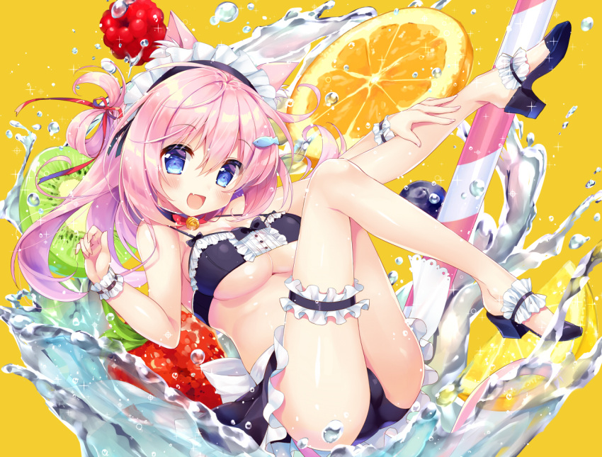 1girl :d animal_ears bare_shoulders bell bikini black_bikini black_footwear black_skirt blue_eyes blush bow breasts cat_ears cat_girl cat_tail cleavage commentary_request fang fish_hair_ornament food frills fruit hair_ornament head_tilt high_heels jingle_bell kiwifruit large_breasts leg_garter long_hair looking_at_viewer maid_bikini maid_headdress natsuki_marina one_side_up open_mouth orange_background original pink_hair pleated_skirt raspberry red_bow skirt smile solo swimsuit tail very_long_hair water