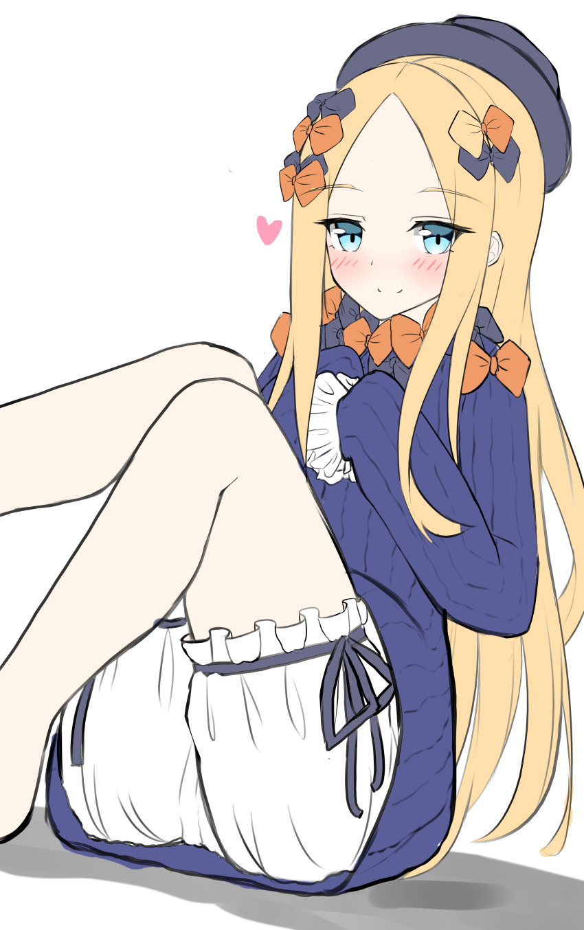 1girl abigail_williams_(fate/grand_order) absurdres bangs barefoot black_bow black_dress black_hat blonde_hair bloomers blue_eyes blush bow bug butterfly closed_mouth dress eyebrows_visible_through_hair fate/grand_order fate_(series) feet_out_of_frame forehead hair_bow hat heart highres insect long_hair long_sleeves moyoron orange_bow parted_bangs sitting sleeves_past_fingers sleeves_past_wrists smile solo underwear very_long_hair white_bloomers
