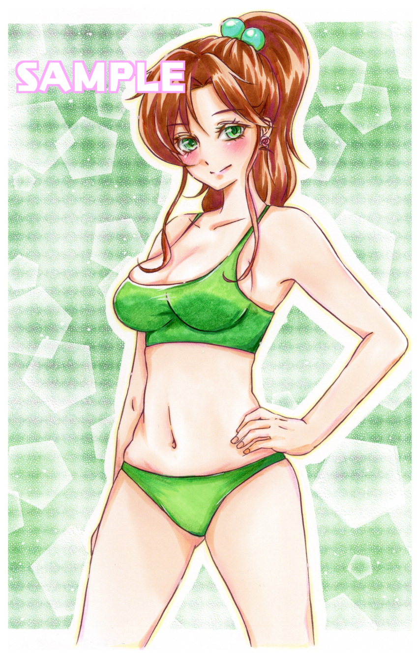 1girl bikini bishoujo_senshi_sailor_moon blush breasts brown_hair cleavage collarbone earrings green_bikini green_eyes hair_bobbles hair_ornament hand_on_hip highres jewelry jirou_sora kino_makoto large_breasts medium_hair midriff navel ponytail rose_earrings sample smile solo swimsuit traditional_media