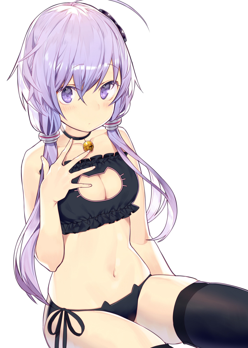 1girl absurdres ahoge bare_shoulders bell bell_choker black_bra black_legwear black_panties blush bra breasts cat_lingerie choker cleavage eyebrows_visible_through_hair hair_between_eyes hair_ornament hand_up highres jingle_bell lavender_eyes lavender_hair looking_at_viewer meme_attire misoni_comi navel panties short_hair_with_long_locks side-tie_panties sidelocks simple_background sitting solo thigh-highs underwear underwear_only voiceroid white_background yuzuki_yukari