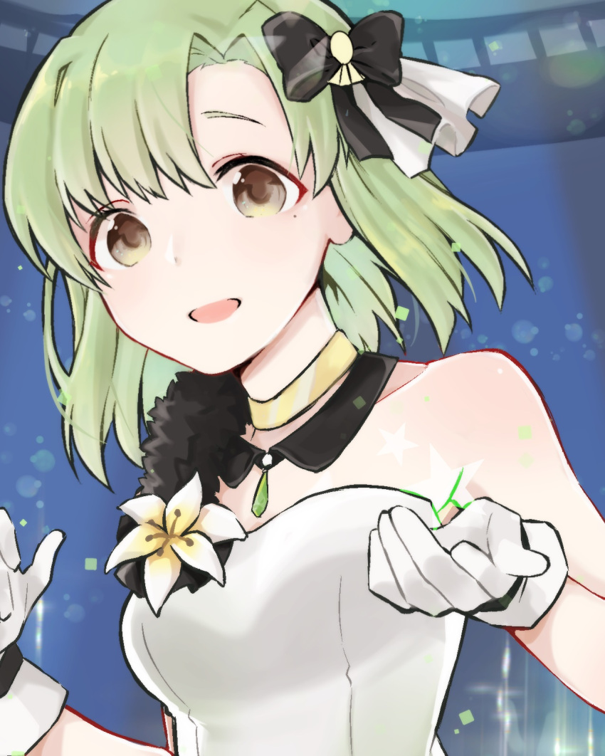 1girl :d bangs bare_shoulders black_bow bow brown_eyes flower gloves green_hair hair_bow highres idolmaster idolmaster_million_live! idolmaster_million_live!_theater_days jewelry kurumikko looking_at_viewer medium_hair open_mouth parted_bangs shiika_(idolmaster) smile solo star upper_body white_gloves